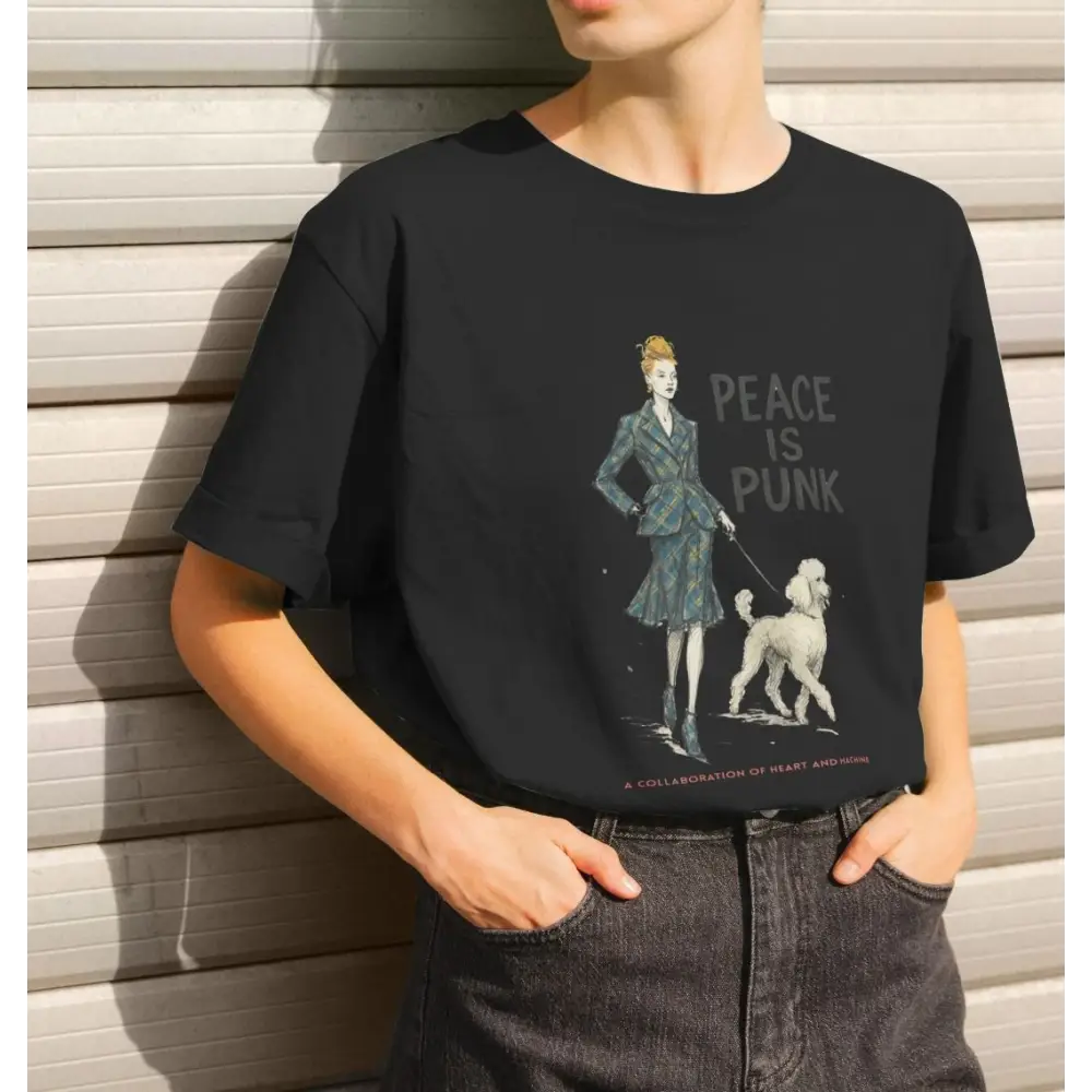 Black graphic T-shirt with vintage woman and poodle illustration in peace is punk design