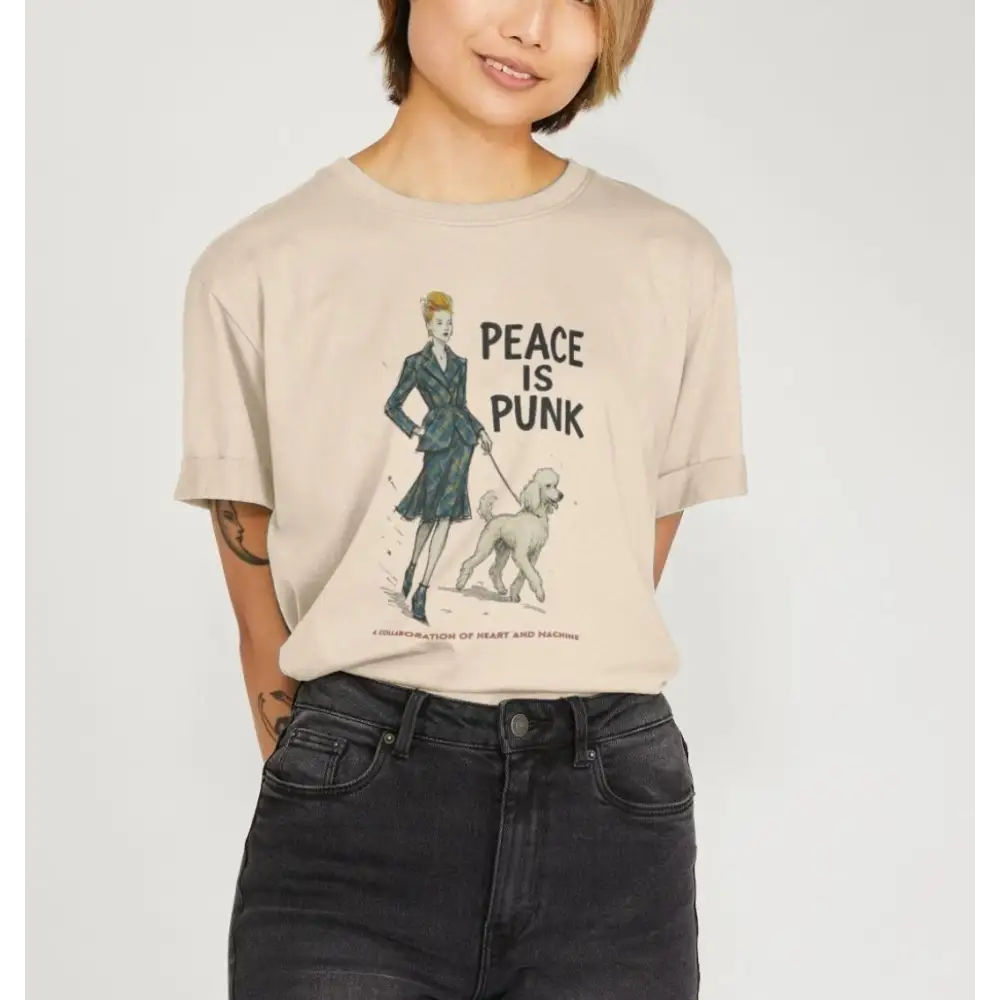 Beige oversized graphic T-shirt with peace is punk slogan and woman walking dog in organic cotton