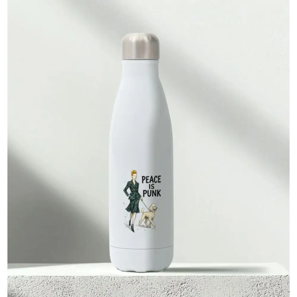 White insulated stainless steel bottle with peace is punk design and woman walking dog