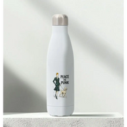 White insulated stainless steel bottle with peace is punk design and woman walking dog