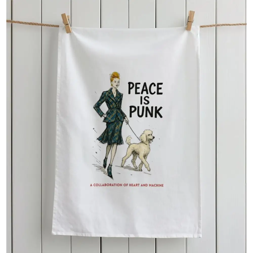 White tea towel featuring Vivienne Westwood-inspired illustration of woman walking dog with peace is punk text