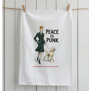 White tea towel featuring Vivienne Westwood-inspired illustration of woman walking dog with peace is punk text