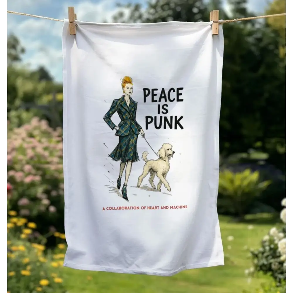 White Tea Towel with Woman Walking Dog Illustration and Peace Is Punk Text, Vivienne Westwood Style