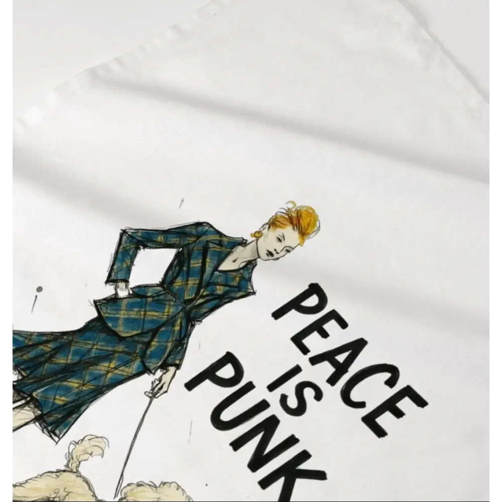 Plaid skirt and white T-shirt with peace is punk text, inspired by Vivienne Westwood design