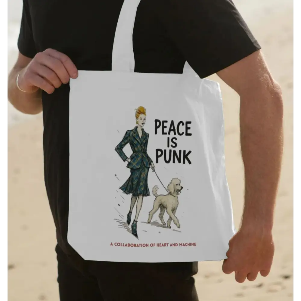 White tote bag with woman and dog illustration, peace is punk text, Vivienne Westwood style