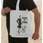 White tote bag with woman and dog illustration, peace is punk text, Vivienne Westwood style