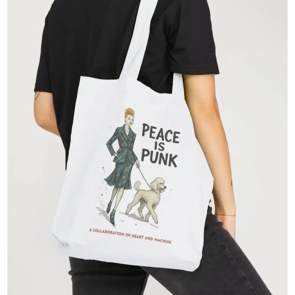White Peace Is Punk Tote Bag with woman walking dog, Vivienne Westwood style