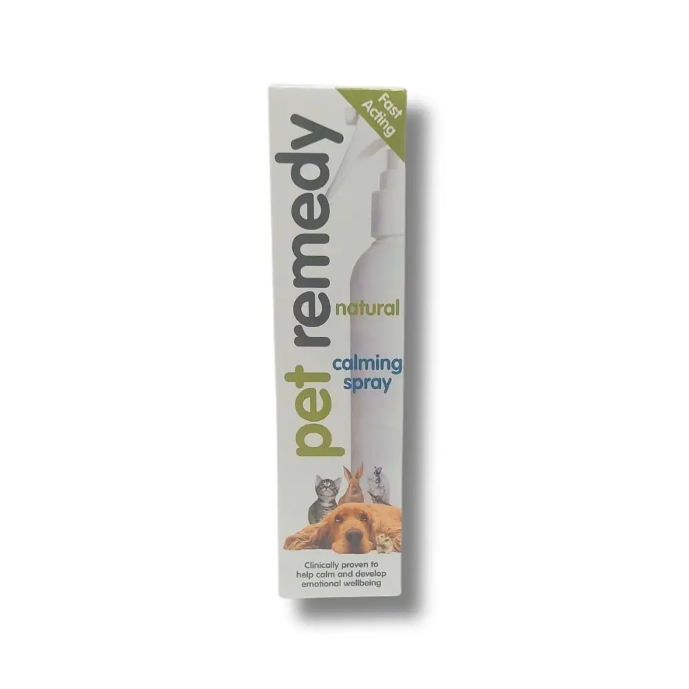 Pet Remedy calming spray bottle with green label, tackling pet anxiety