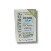 Pet Remedy Natural Calming Wipes box with green white design and 12 sachets