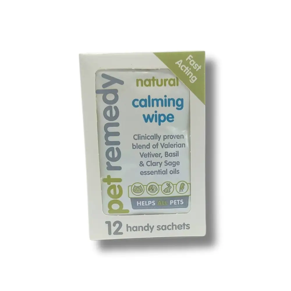 Pet Remedy Natural Calming Wipes box with green white design and 12 sachets