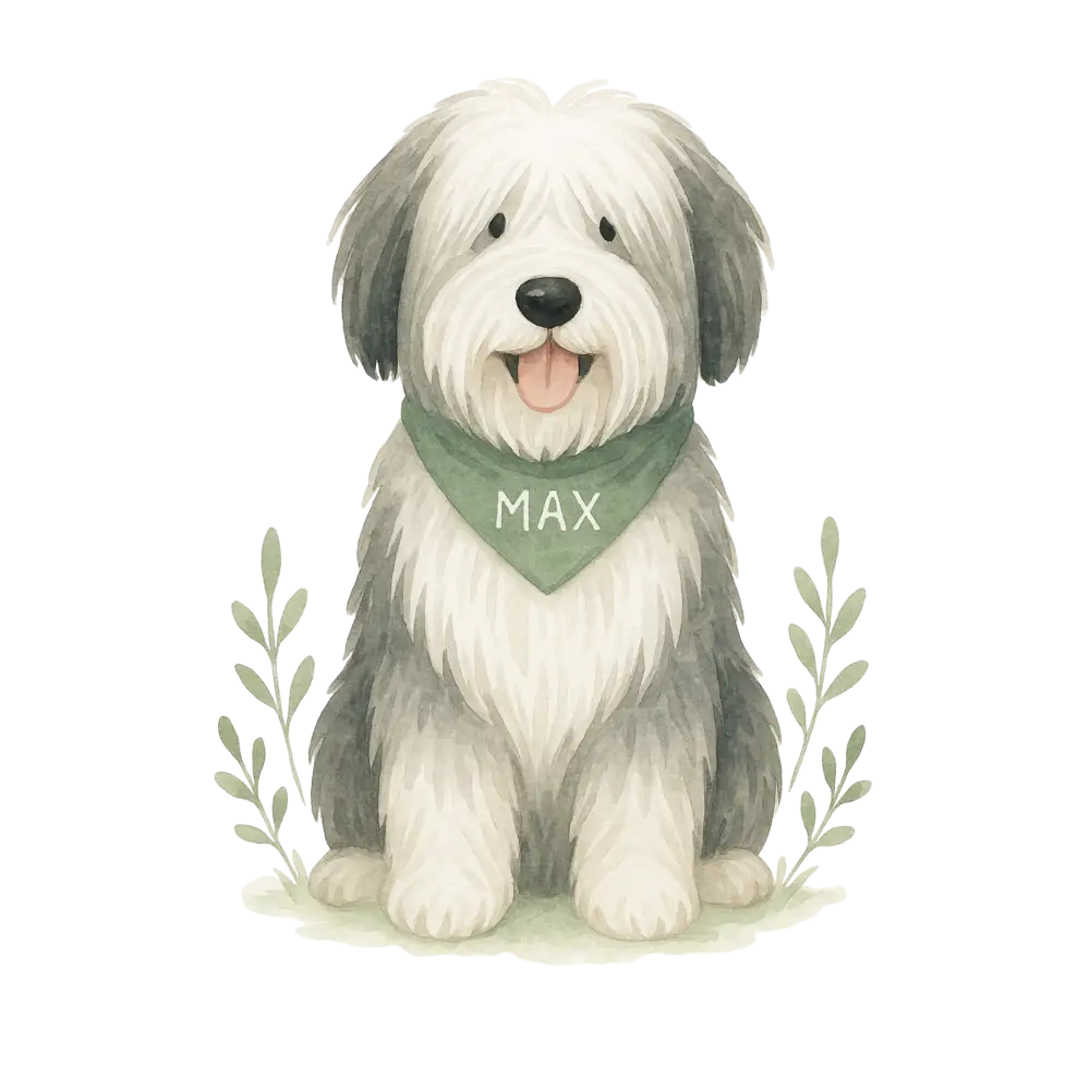 White fluffy dog with green bandana Max on certified organic cotton tote