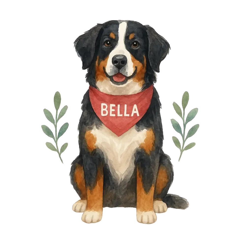 Red bandana dog sticker with Bella name tag on certified organic cotton tote
