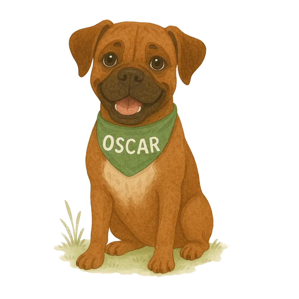 Brown dog with green Oscar bandana on certified organic cotton twill weave tote bag
