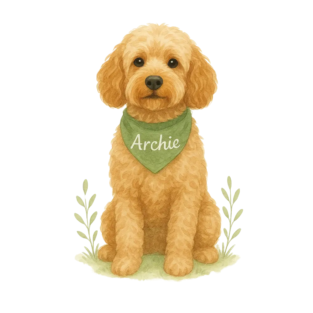 Golden Retriever dog figurine with green bandana and Archie name on certified organic cotton twill weave tote bag