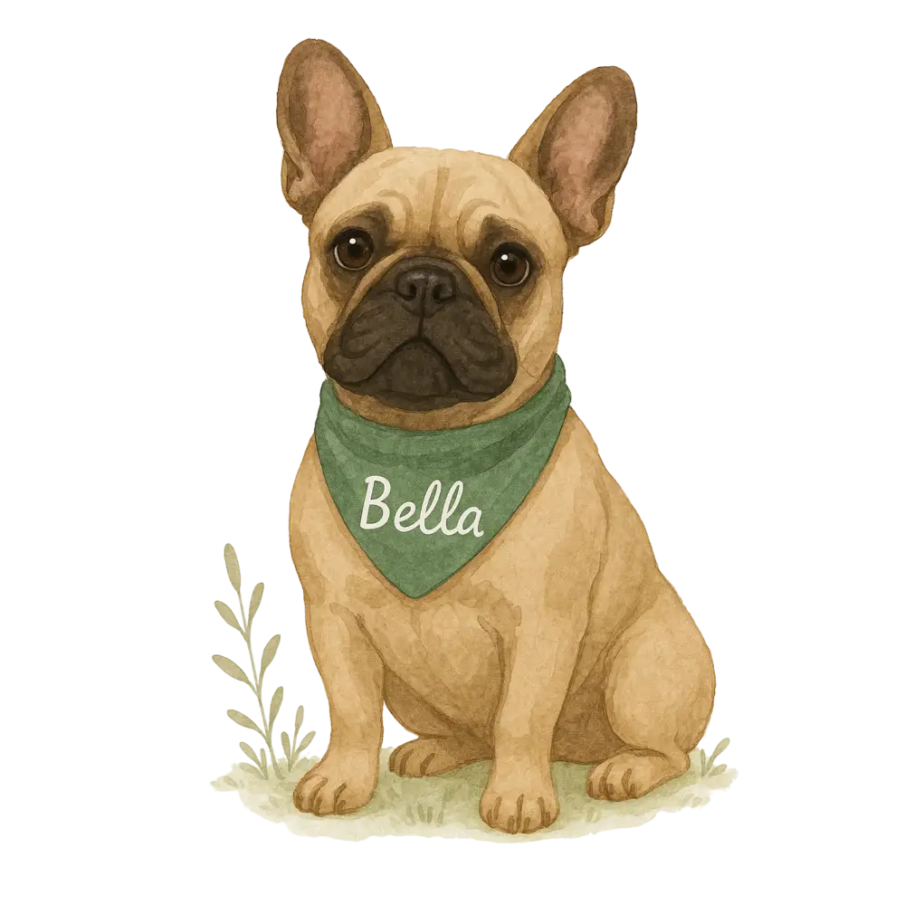 Personalized French Bulldog bandana sticker with Bella name on organic tote bag