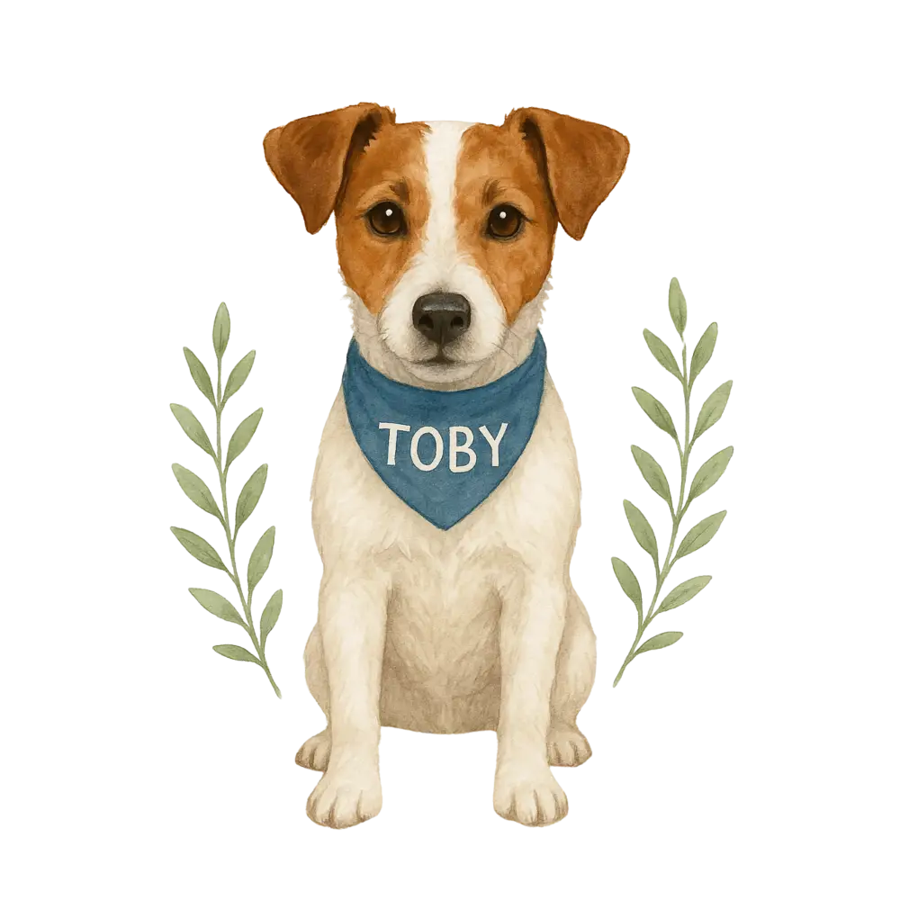 Personalised organic tote bag with blue bandana Toby white brown dog