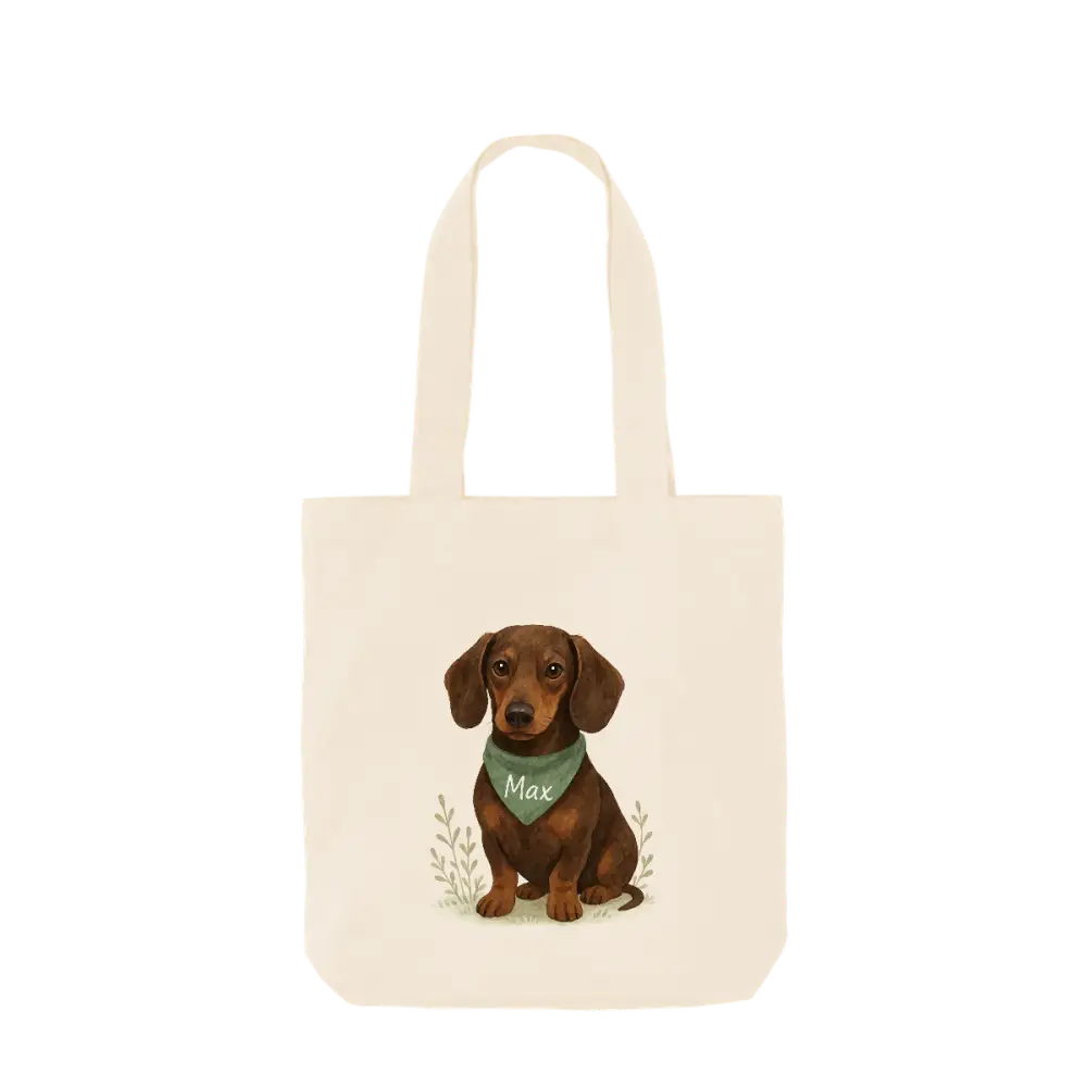 Personalised dachshund twill weave tote bag in certified organic cotton with brown and tan breed fur colour, green bandana, and Max name tag