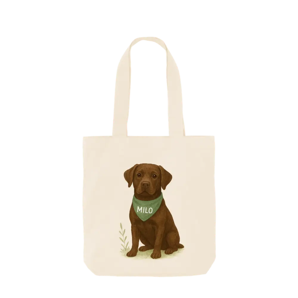 Personalised organic cotton tote bag with chocolate labrador retriever and Milo bandana