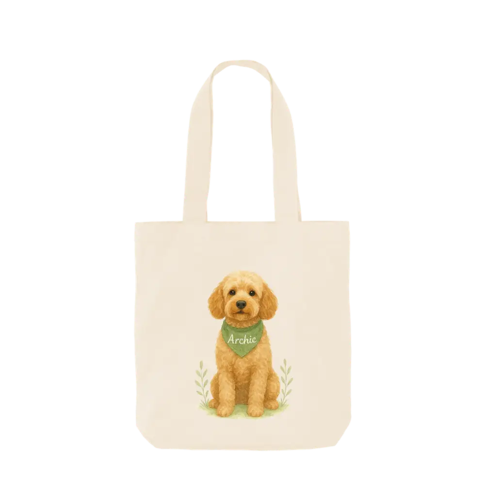 Personalised organic tote bag with Golden Doodle design, green bandana, Archie name