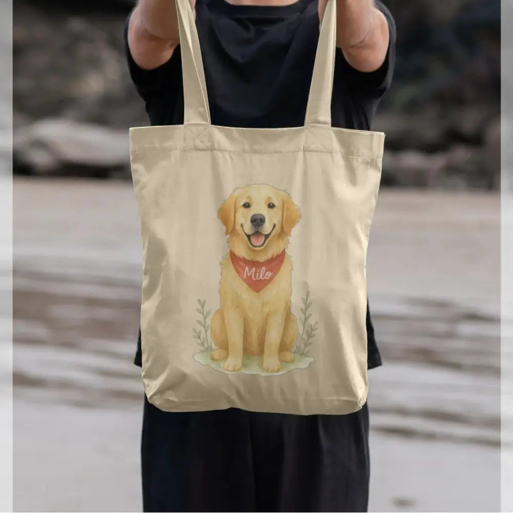 Personalized golden retriever certified organic cotton twill weave tote bag with Milo