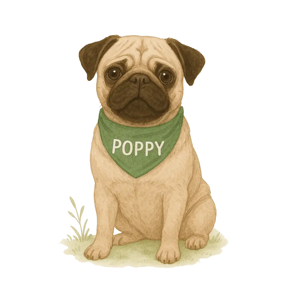 Green bandana pug sticker with poppy text on certified organic cotton twill weave tote bag