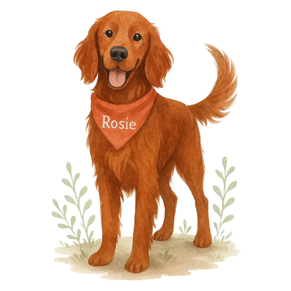 Golden retriever figurine with orange bandana, Rosie, on certified organic cotton tote
