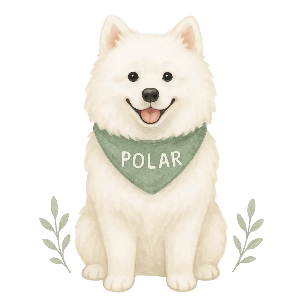 White fluffy dog plush toy with green Polar bandana on certified organic cotton tote bag
