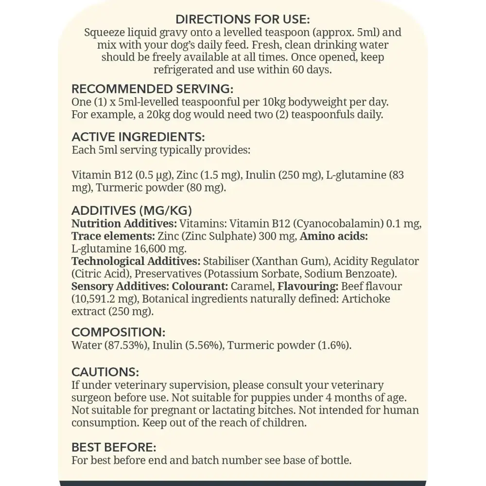 Probiotic Digestive Gravy Beef label with nutritional info and serving instructions