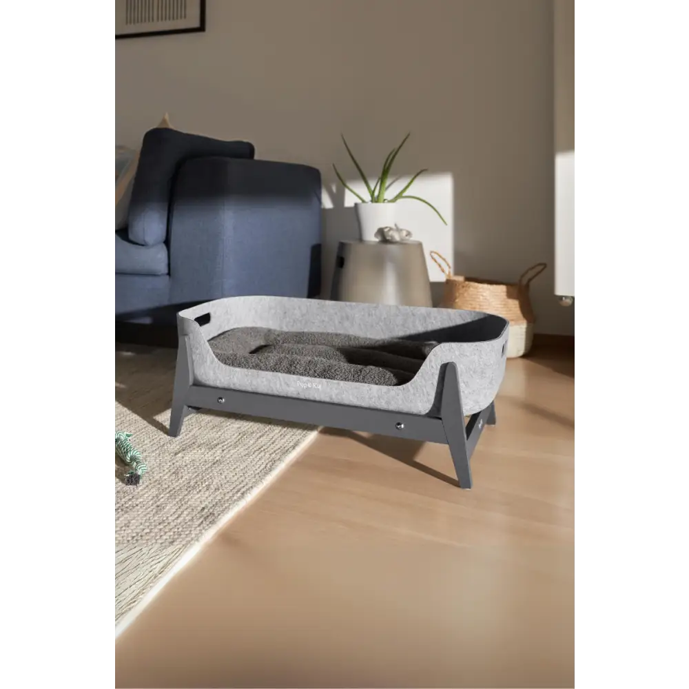 Modern Pup & Kit PetNest raised stand with sourced beech wood frame, gray bed, and white cushion