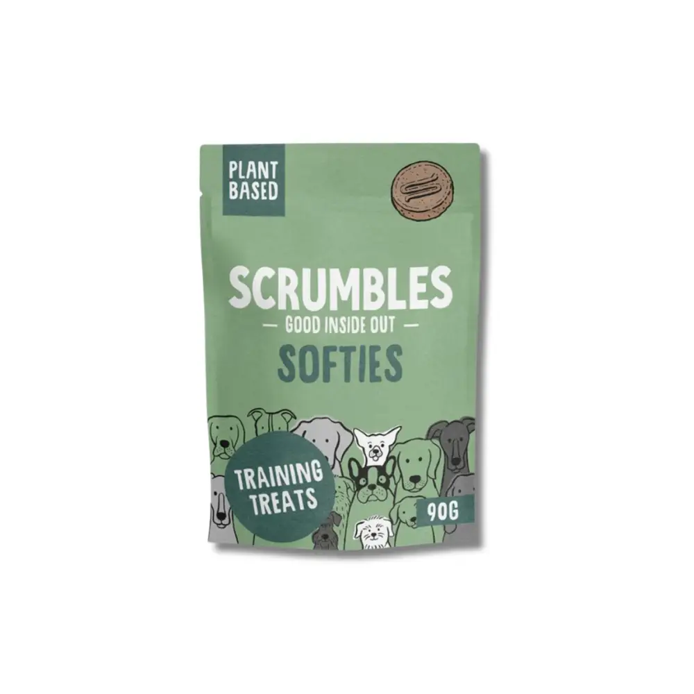 Scrumbles vegan dog treats: plant-based Softies in green pouch with cartoon dogs