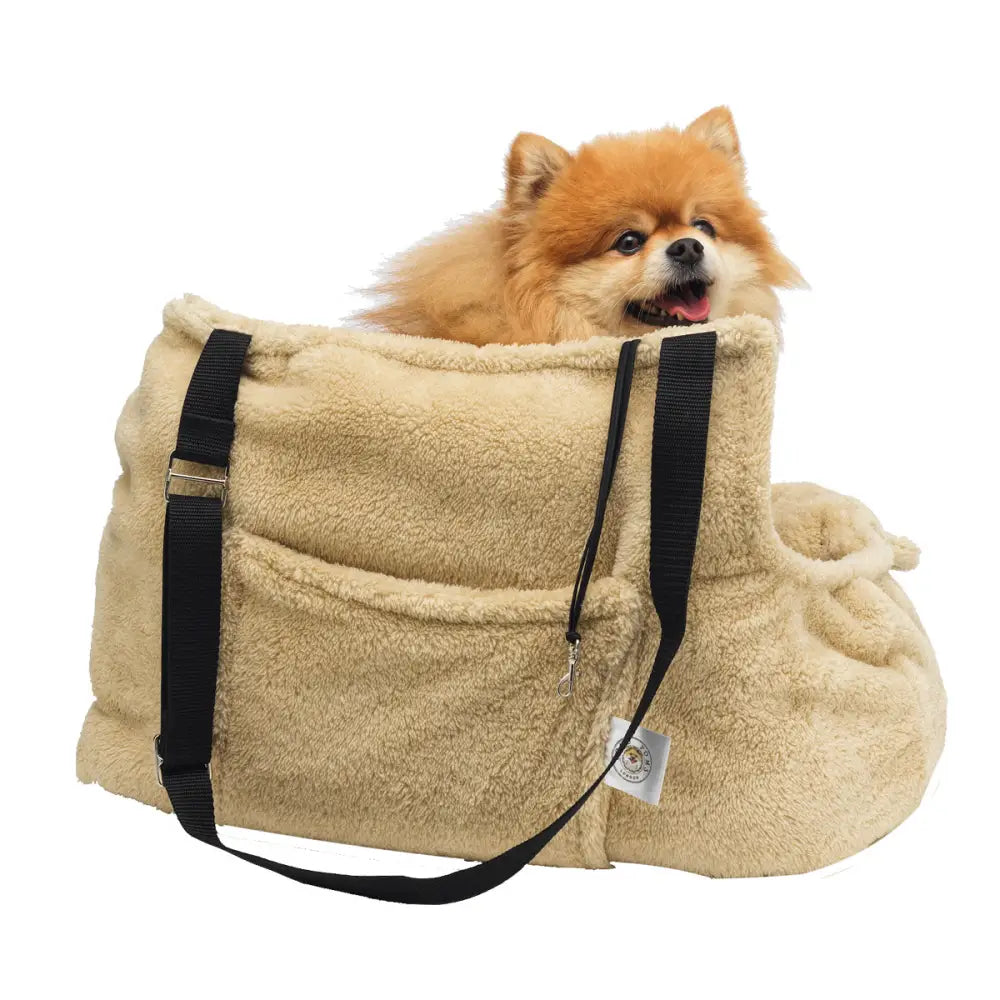 Beige plush teddy bear dog carrier with black straps for small bear dogs, Soho Poms