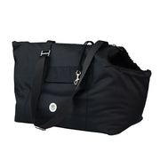 Black nylon Soho Poms pet carrier with silver hardware and adjustable strap