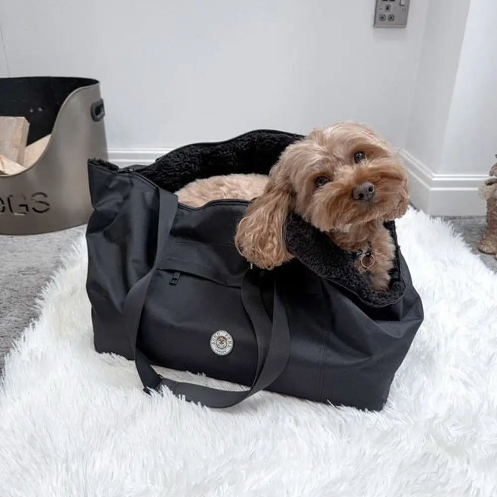 Black and gray sherpa-lined Soho Poms pet carrier with logo, ideal for dogs and cats