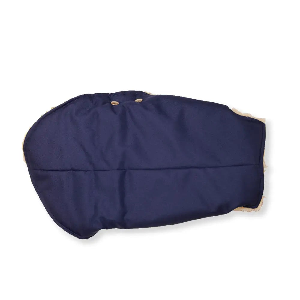 Navy blue canvas dust cover with white trim and eyelets for Soho Poms waterproof dog jacket