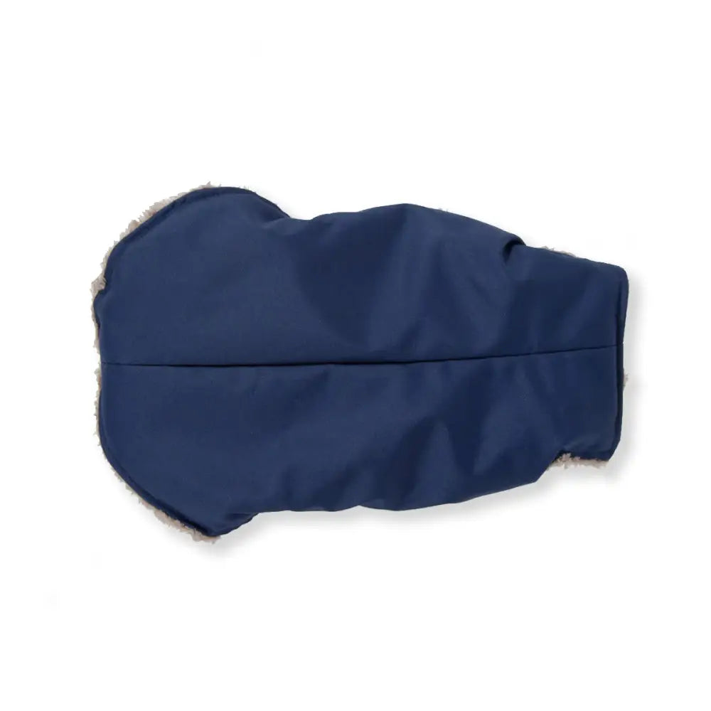 Navy blue face mask with white trim and elastic ear loops for Soho Poms waterproof dog jacket