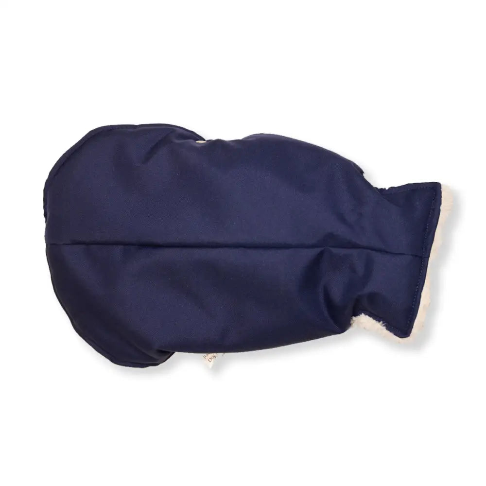 Navy blue waterproof dog jacket with mitten, thumb hole, and elastic wrist strap