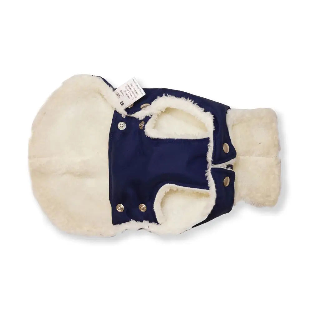 Navy blue and cream waterproof dog jacket with faux fur lining and button closure