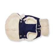 Navy blue and cream waterproof dog jacket with faux fur lining and button closure