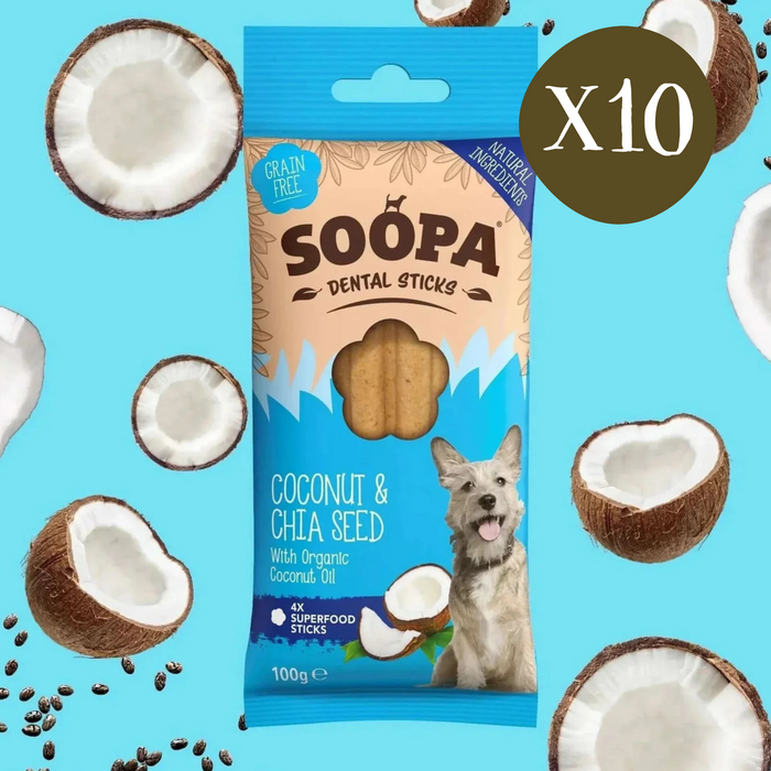 Soopa Coconut & Chia Seed Dental Sticks - Box of 10 - Natural Dog Chew