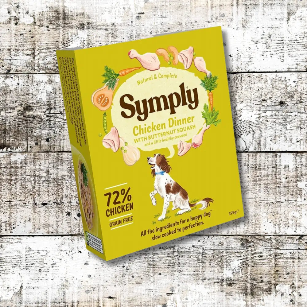 Symply Chicken Dinner grain-free adult wet dog food tray with butternut squash