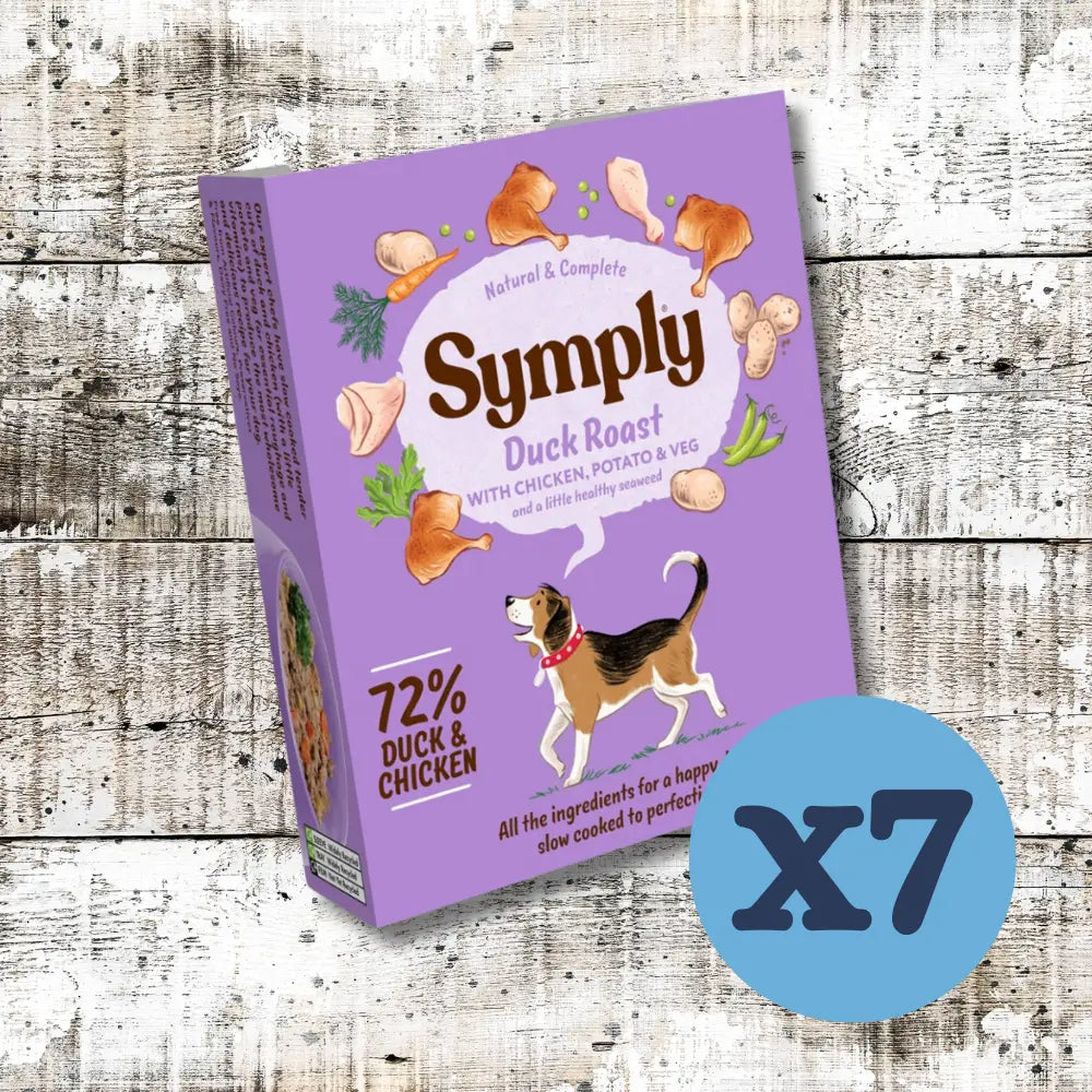 Symply Duck Roast grain-free adult wet dog food box on purple background with beagle and vegetables