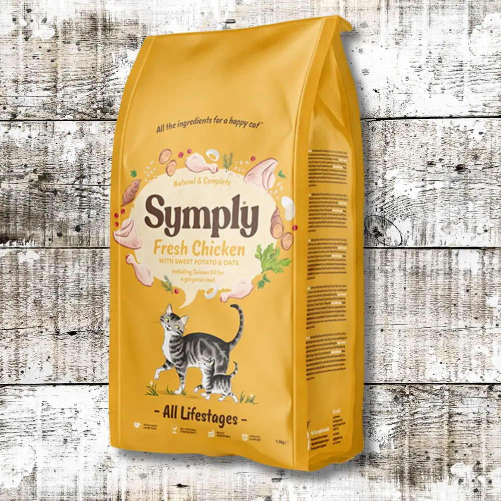 Symply Fresh Chicken Dry Cat Food bag with gray tabby cat illustration on yellow background