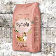 Pink Symply dog food bag with fresh salmon flavor and Shetland Sheepdog illustration