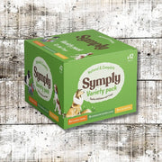 Symply Variety Pack Wet Dog Food box with salmon oil, brown rice, green packaging and dogs