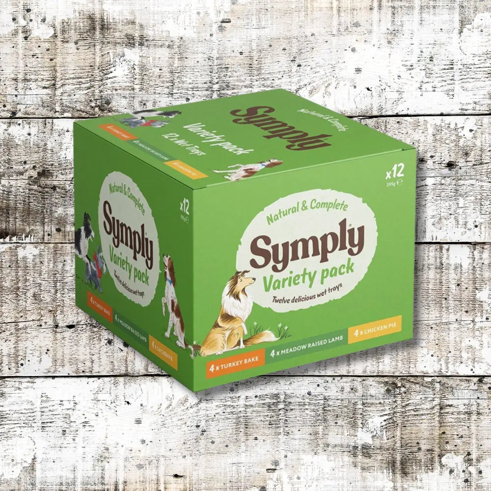Symply Variety Pack Wet Dog Food box with salmon oil, brown rice, green packaging and dogs