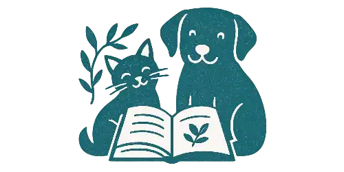 Natural pet shop teal illustration of a cat and dog reading a book with leaves on a white background