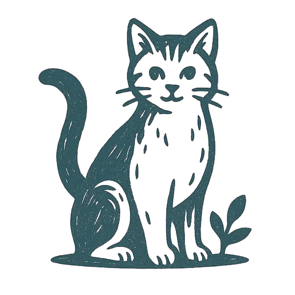 Teal cat silhouette sticker with green leaves and black outline.
