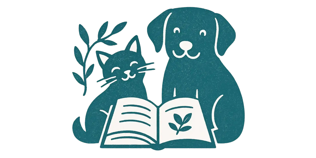 Teal dog and cat reading book with leaf design on cover.