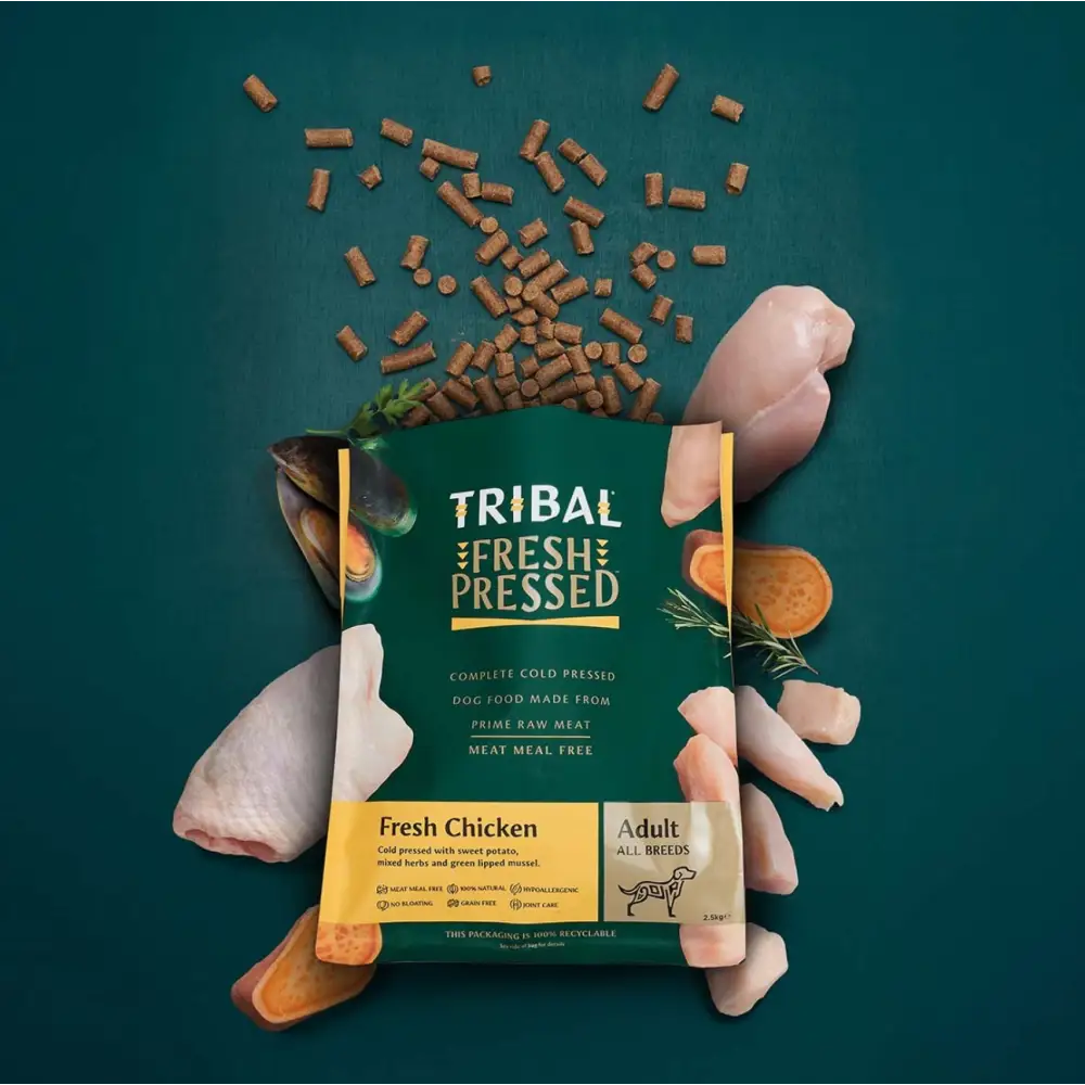 Tribal’s Fresh Pressed Adult Chicken dog food bag with fresh chicken flavor