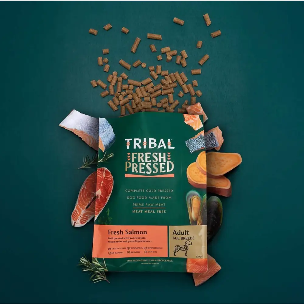 Tribal’s Fresh Pressed Adult Salmon dog food bag with mussels